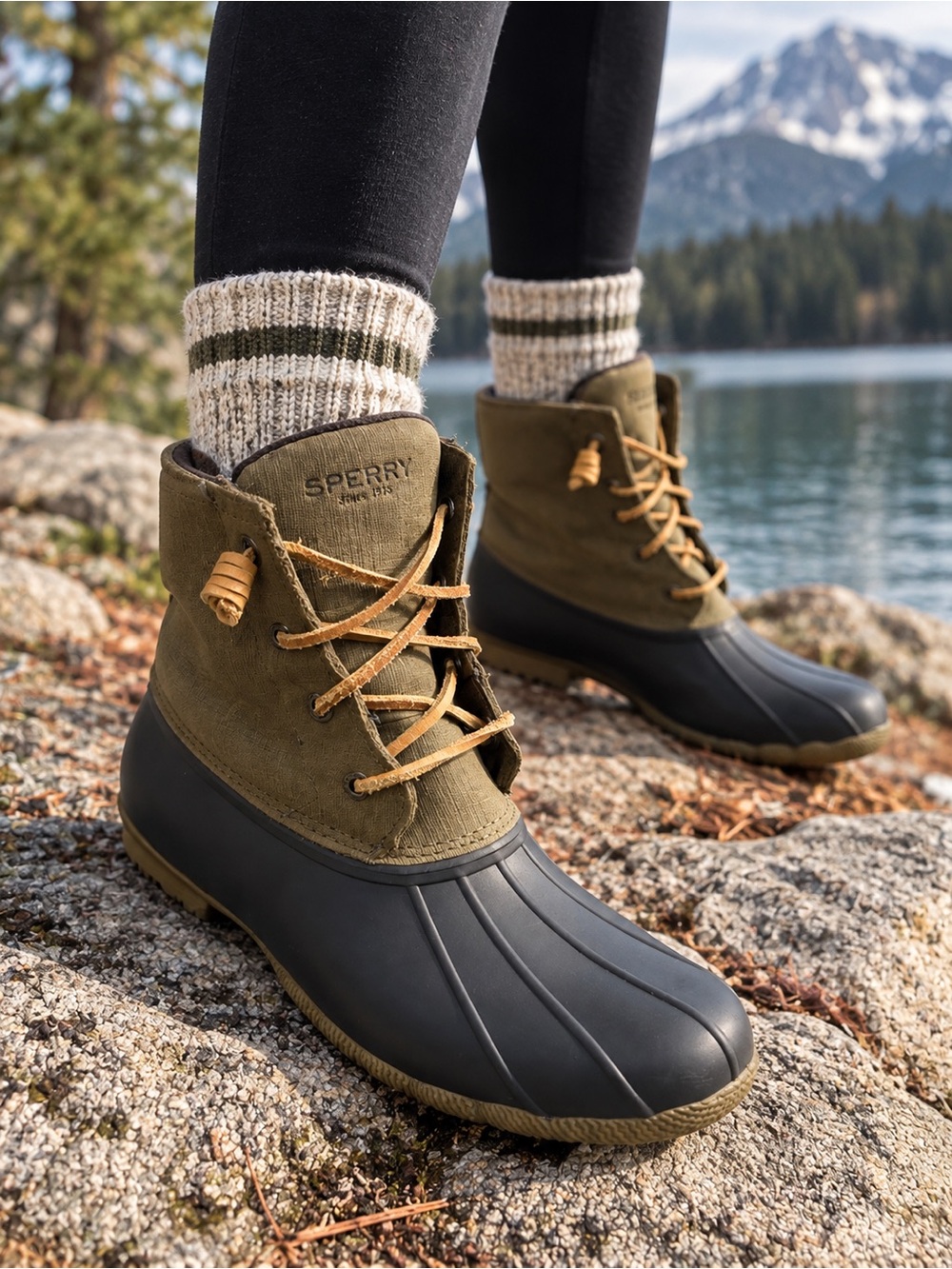 Sperry Saltwater Lace Up Duck Boots Olive Brown Waterproof Women’s Size 9